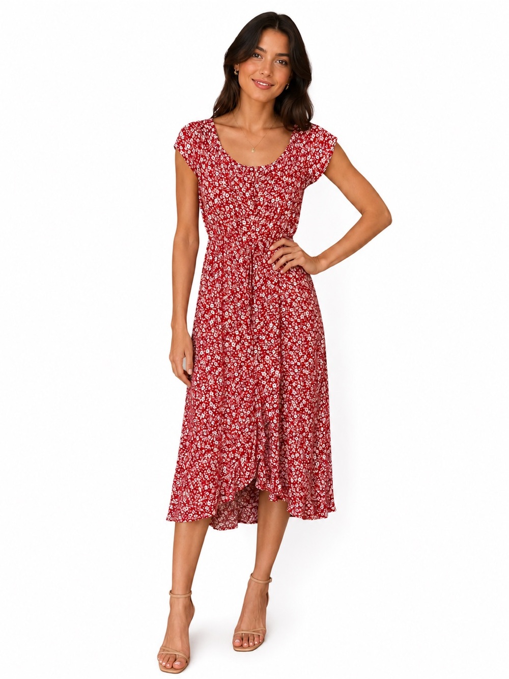 Women's Red Floral Tie-Front Midi Dress